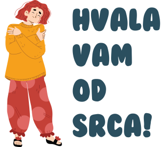 Žena u narandžasto-crvenoj odeći s glavom u levo obgrila je samu sebe. S njene leve strane ispisan je tekst: Hvala vam od srca!