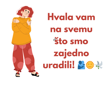 Hvala na svemu što smo zajedno uradili! Emotikoni: zagrljaj, Sunce i golub mira 