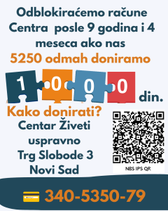 Odblokiraćemo u junu račune Centra posle 9 godina i 4 meseca ako nas 5250 odmah doniramo 1000 din. (svaka cifra je u crnoom, narandžastom, plavom i crvenom deliću slagaslice, idpisana belim slovima). Kako donirati? Centar Živeti uspravno Trg Slobode 3 Novi Sad 340-5350-79 S desne strane je QR kod s podacima za donaciju od 500 dinara