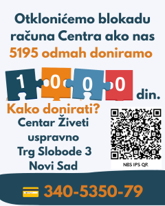 Otklonićemo blokadu računa Centra ako nas 5195 odmah doniramo 1000 din, Kako donirati? Centar Živeti uspravno Trg Slobode 3 Novi Sad 340-5350-79 Desno od podataka Centra je QR kod za donaciju od 500 din. Cifre koje čine broj hioiljadu su bele boje u spojeni pojedinačnim delovima sdlagalice teget, narandžastom, svetlo-plavom i crvenom.