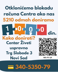 Otklonićemo blokadu računa Centra ako nas 5210 odmah doniramo 1000 din, Kako donirati? Centar Živeti uspravno Trg Slobode 3 Novi Sad 340-5350-79 Desno od podataka Centra je QR kod za donaciju od 500 din. Cifre koje čine broj hioiljadu su bele boje u spojeni pojedinačnim delovima sdlagalice teget, narandžastom, svetlo-plavom i crvenom.